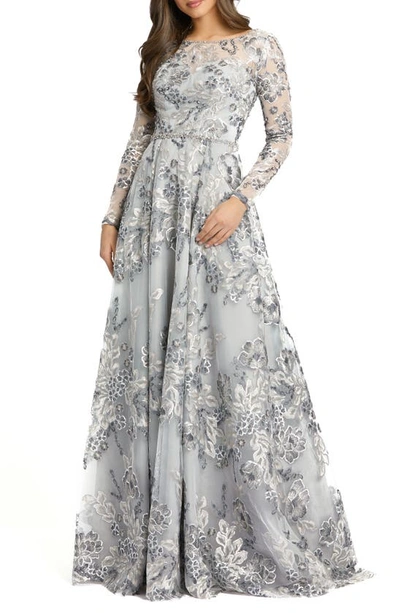Shop Mac Duggal Sequin Floral Embroidered Long Sleeve A-line Gown In Platinum