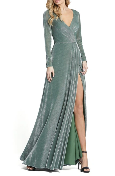 Shop Mac Duggal Sparkle Long Sleeve Gown In Jade Green