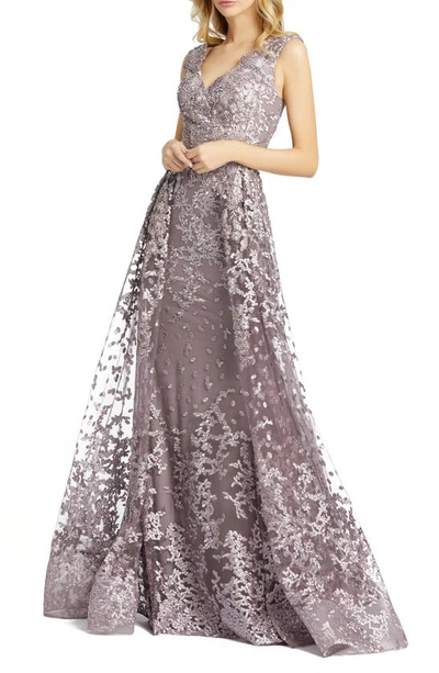 Shop Mac Duggal Beaded Floral Lace A-line Gown In Smoke Purple