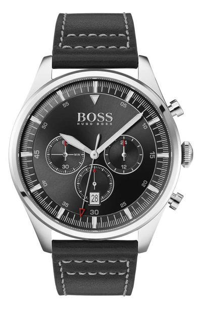 Shop Hugo Boss Pioneer Chronograph Leather Strap Watch, 44mm In Black/ Silver