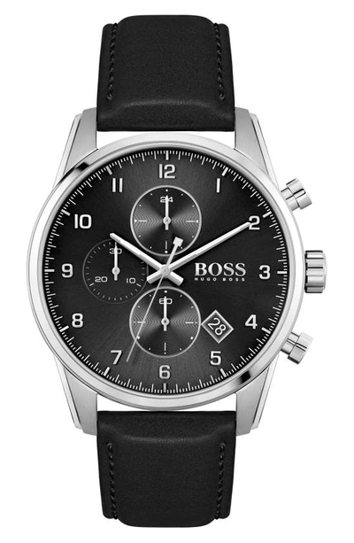 Shop Hugo Boss Skymaster Chronograph Leather Strap Watch, 44mm In Black/ Silver