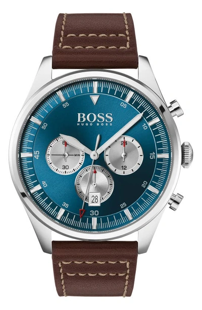 Shop Hugo Boss Pioneer Chronograph Leather Strap Watch, 44mm In Brown/ Blue/ Silver