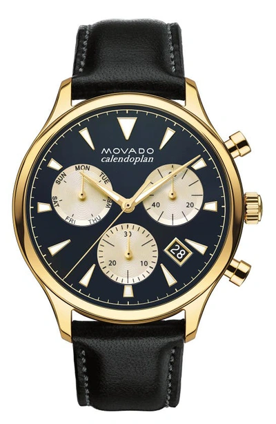 Shop Movado 'heritage' Chronograph Leather Strap Watch, 43mm In Black/ Blue