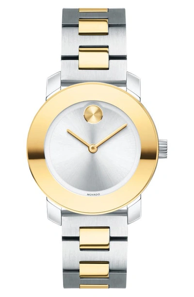 Shop Movado Bold Iconic Two-tone Bracelet Watch, 30mm In Gold/ Silver