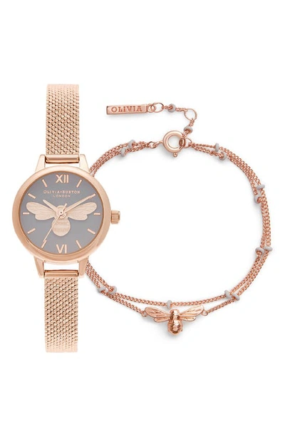 Shop Olivia Burton Lucky Bee Mesh Strap Watch, 23mm & Double Strand Bracelet Set In Rose Gold/ Grey/ Rose Gold