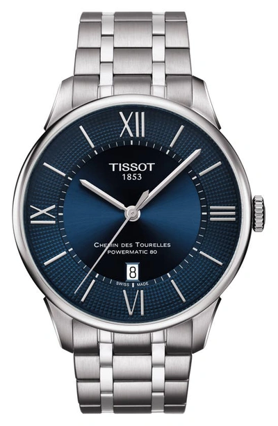 Shop Tissot T-classic Chemin Des Tourelles Powermatic 80 Automatic Bracelet Watch, 42mm In Silver/ Blue/ Silver