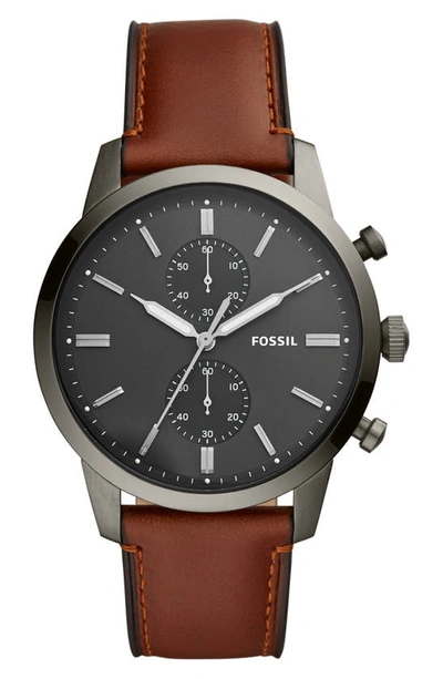 Shop Fossil Townsman Chronograph Leather Strap Watch, 44mm In Brown/ Grey/ Smoke