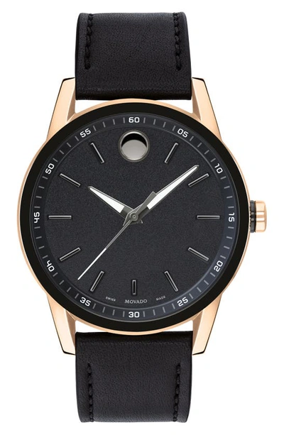 Shop Movado Leather Strap Watch, 42mm In Black/ Rose Gold
