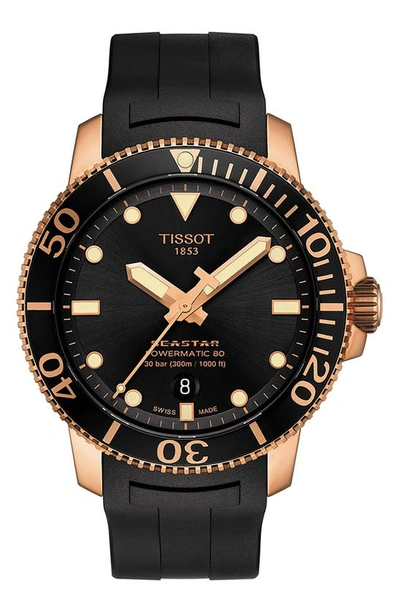 Shop Tissot Seastar 1000 Powermatic 80 Rubber Strap Watch, 43mm In Black/ Rose Gold