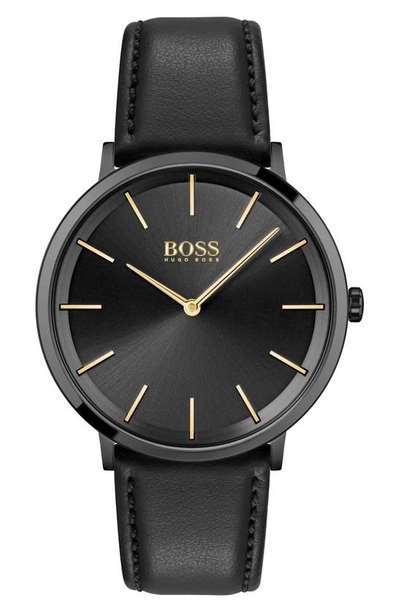 Shop Hugo Boss Skyliner Leather Strap Watch, 40mm In Black