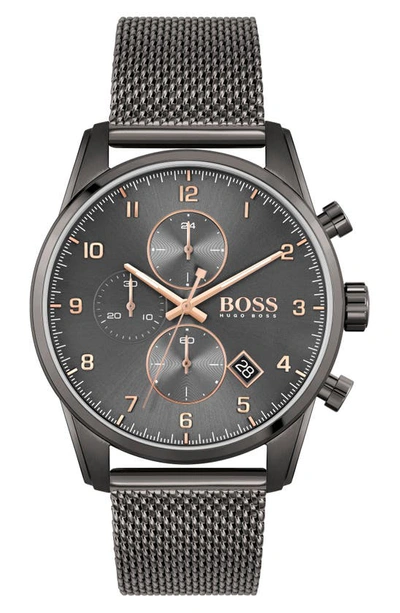 Shop Hugo Boss Skymaster Chronograph Mesh Strap Watch, 44mm In Grey