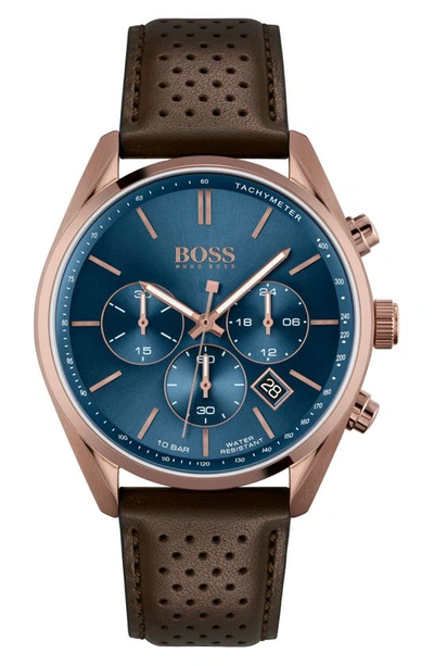 Shop Hugo Boss Champion Chronograph Leather Strap Watch, 44mm In Brown