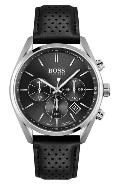 Shop Hugo Boss Champion Chronograph Leather Strap Watch, 44mm In Black