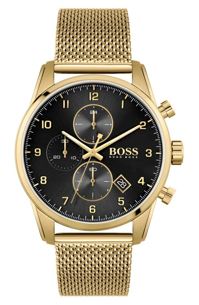 Shop Hugo Boss Skymaster Chronograph Mesh Strap Watch, 44mm In Gold