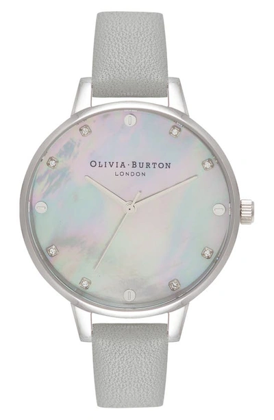 Shop Olivia Burton Timeless Classic Leather Strap Watch, 34mm In Grey Mop