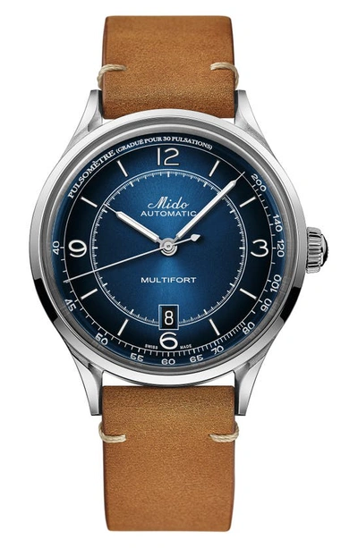 Shop Mido Multifort Pulsemeter Automatic Leather Strap Watch, 40mm In Brown/ Blue/ Silver