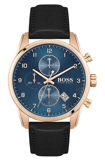 Shop Hugo Boss Skymaster Chronograph Leather Strap Watch, 43mm In Black/ Blue/ Carnation Gold