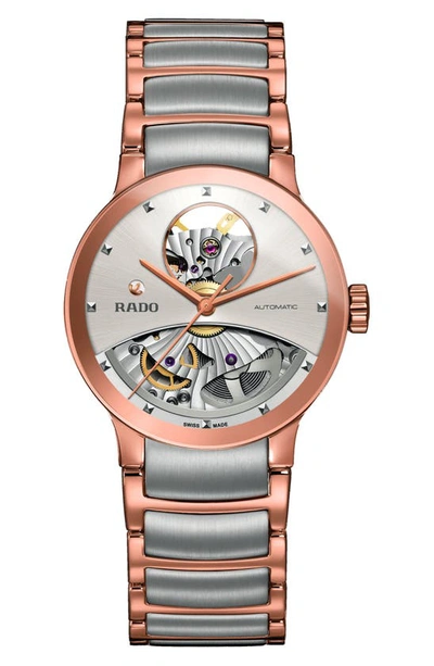 Shop Rado Centrix Automatic Open Heart Bracelet Watch, 33mm In Rose Gold/ Silver/ Rose Gold