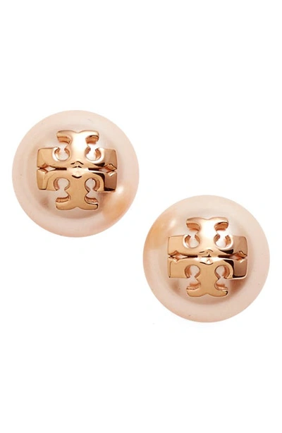 Shop Tory Burch Kira Logo Swarovski Crystal Imitation Pearl Stud Earrings In Rose Gold