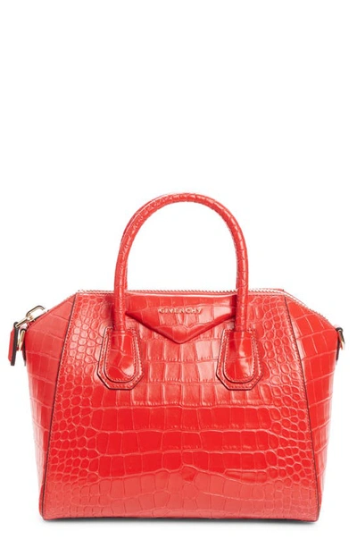 Shop Givenchy Small Antigona Croc Embossed Calfskin Satchel In Red