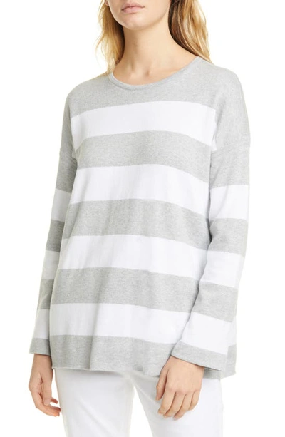 Shop Eileen Fisher Boxy Stripe Organic Cotton Sweater In Dark Pearl/ White