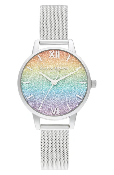 Shop Olivia Burton Rainbow Glitter Dial Mesh Strap Watch, 30mm In Silver/ Multi/ Silver