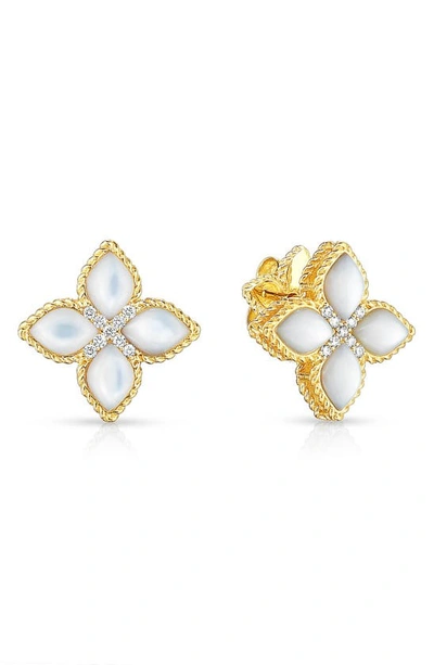 Shop Roberto Coin Venetian Princess Diamond & Mother-of-pearl Stud Earrings In Yellow Gold