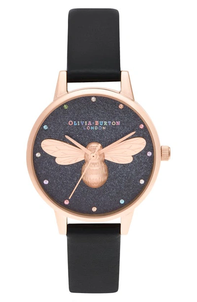 Shop Olivia Burton Lucky Bee Black Glitter Dial Watch, 30mm In Black/ Rose Gold