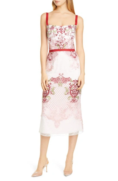Shop Marchesa Notte Embroidered Pencil Dress In Soft Pink