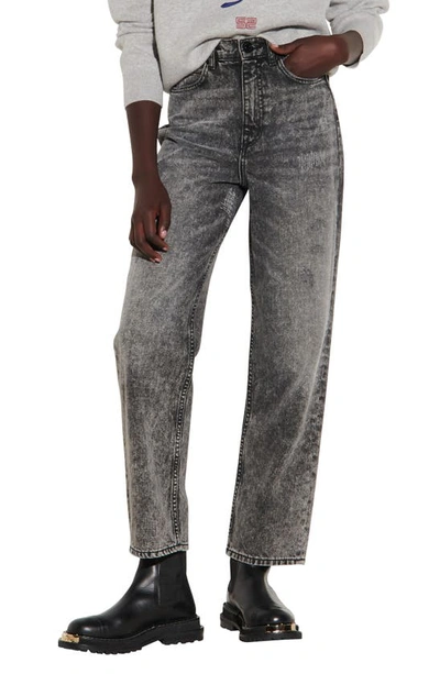 Shop Sandro Repaired Straight Leg Jeans In Charcoal Grey