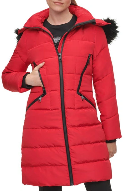 Shop Karl Lagerfeld Water Resistant Down & Feather Parka With Faux Fur Trim In Red