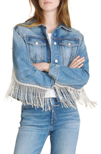 Shop Veronica Beard Kinley Fringe Denim Jacket In Pale Vintage