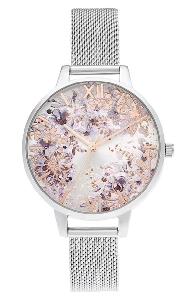 Shop Olivia Burton Abstract Floral Mesh Strap Watch, 30mm In Silver