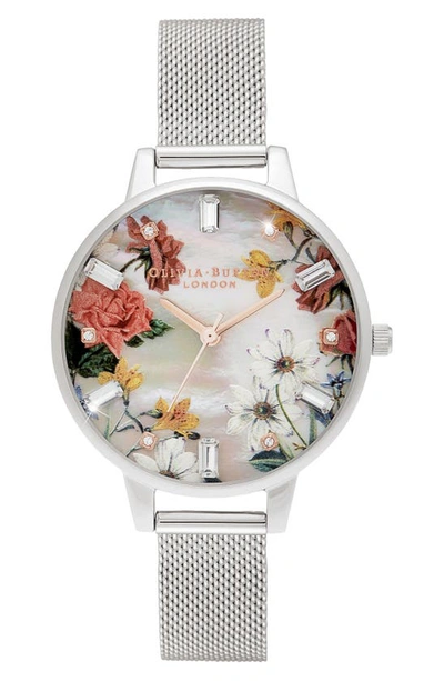 Shop Olivia Burton Sparkle Floral Mesh Strap Watch, 34mm In White Mop