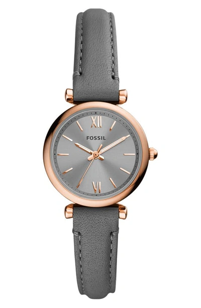 Shop Fossil Mini Carlie Leather Strap Watch, 28mm In Grey