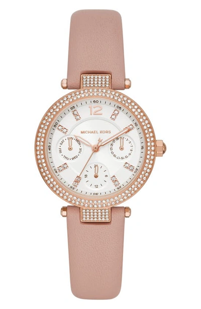 Shop Michael Kors Parker Pave Leather Strap Watch, 33mm In Pink/ White/ Rose Gold