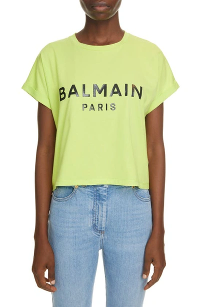 Shop Balmain Logo Crop Cotton Tee In Anis / Noir