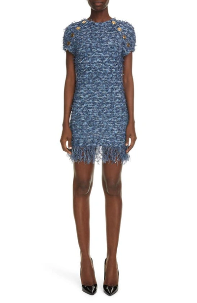 Shop Balmain Fringe Hem Tweed Minidress In Bleu Jean