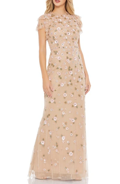 Shop Mac Duggal Beaded Floral Tulle Gown In Nude Multi