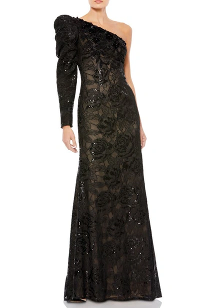 Shop Mac Duggal Sequin Floral Lace One-shoulder Trumpet Gown In Black