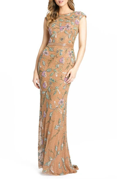 Shop Mac Duggal Floral Beaded Tulle Column Gown In Caramel