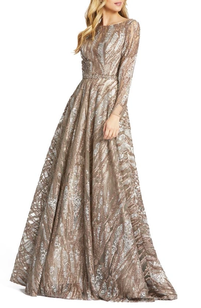 Shop Mac Duggal Embroidered & Embellished Long Sleeve Tulle Ballgown In Mocha