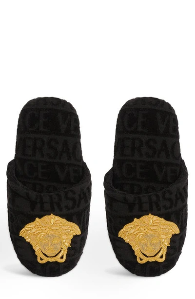 Shop Versace Logomania Slipper In Black/ Gold