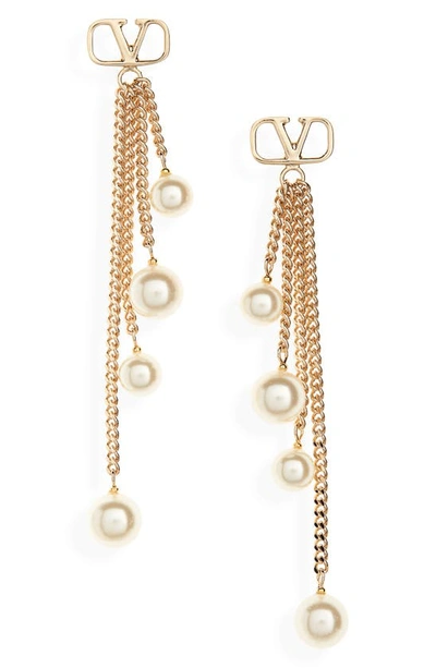 Shop Valentino Vlogo Chain Drop Imitation Pearl Earrings In Oro 18/ Crema