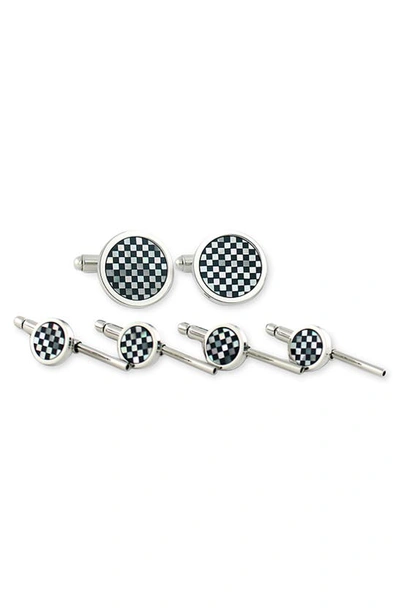 David Donahue Sterling Silver, Mother Of Pearl & Onyx Checkerboard Stud & Cufflink Set In Onyx / Mother Of Pearl