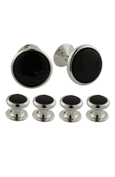 David Donahue Onyx Stud & Cufflinks Set In White Brass/ Onyx