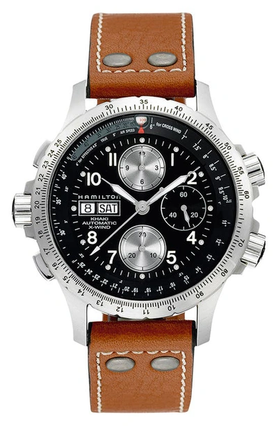 Shop Hamilton Khaki Aviation X-wind Automatic Chronograph Leather Strap Watch, 44mm In Brown/ Black/ Silver