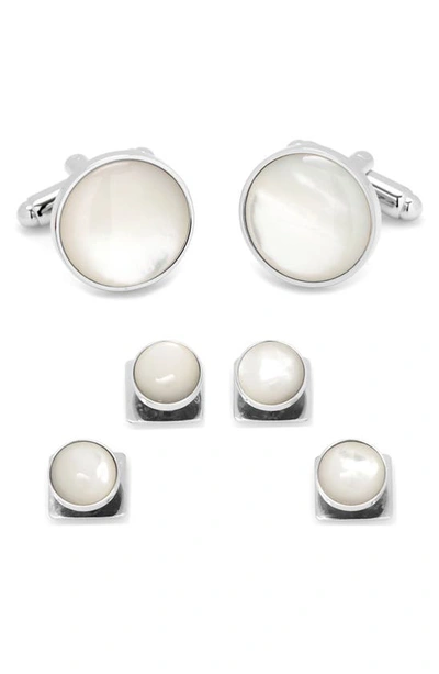 Shop Cufflinks, Inc Mother-of-pearl Cuff Link & Stud Set In Silver/ White