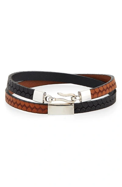 Shop Caputo & Co Embossed Leather Wrap Bracelet In Black / Tan