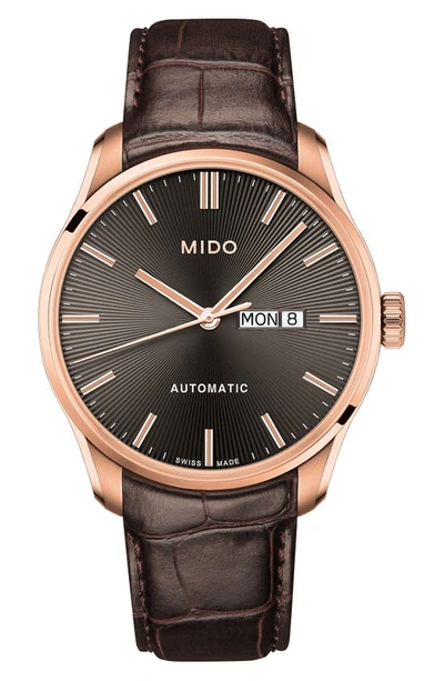 Shop Mido Belluna Ii Leather Strap Watch In Brown/ Black/ Rose Gold